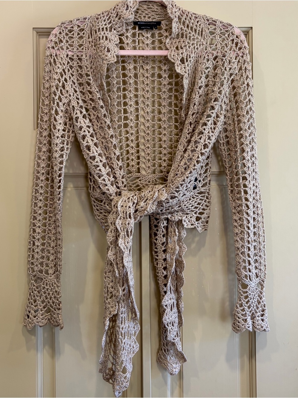 BCBG Crochet Tie Front Cottagecore Grannycore Bell Sleeve Cardigan Sz M Medium